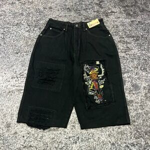 Vintage 90s Exhaust Denim Jean Shorts Mens 29 Black Embroidered Hip-Hop Jorts
